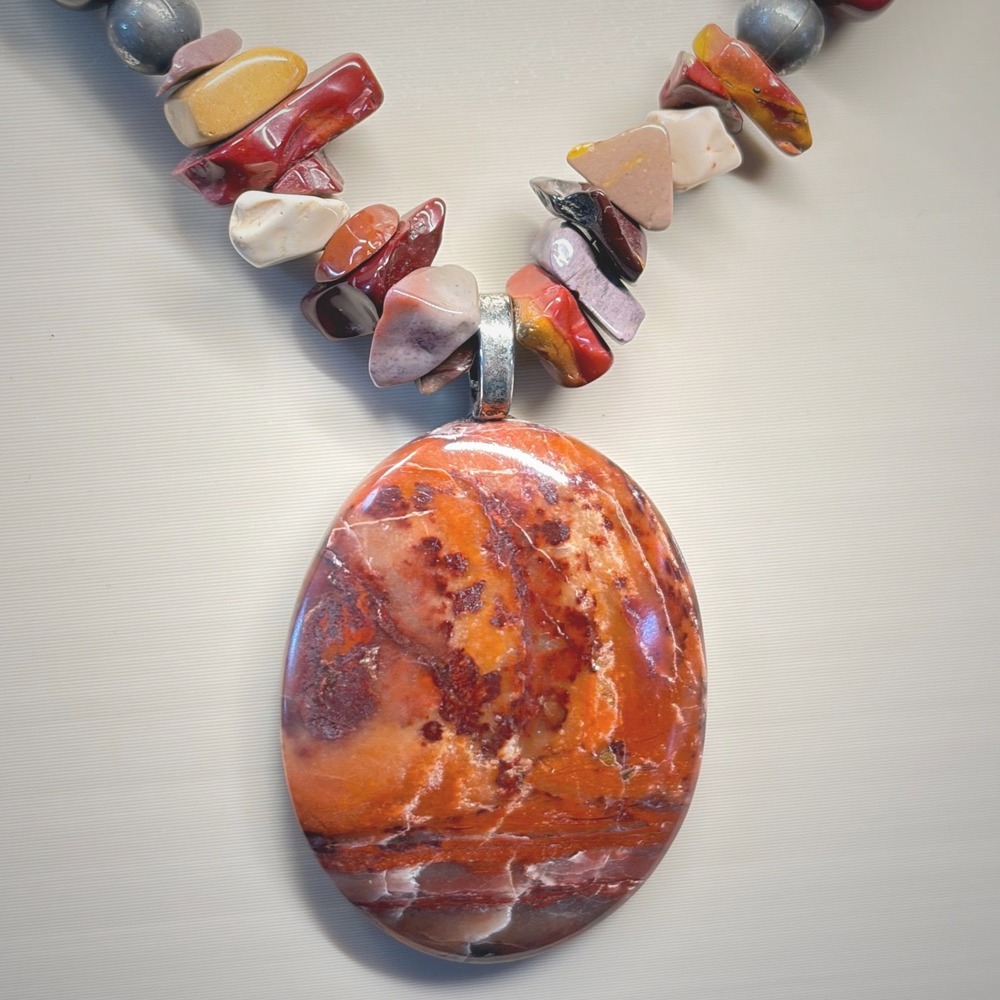 Necklace Silver Tone Red Jasper Multi Color Vintage Southwestern Statement 18in